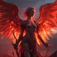 An angel with wings made of fire on a bloody battlefield with a bloodred sunset, 8k, Highly Detailed, Stunning, Volumetric Lighting, Fantasy, Dark by Stanley Artgerm Lau