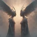 An angel and a demon in the fog of war, 8k, Symmetrical Face, Digital Illustration, Octane Render, Concept Art by Greg Rutkowski