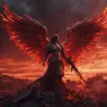 An armed angel with wings made of fire on a bloody battlefield with a bloodred sunset, 8k, Highly Detailed, Stunning, Volumetric Lighting, Fantasy, Dark by Stefan Kostic