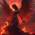 An angel with wings made of fire on a bloody battlefield with a bloodred sunset, 8k, Highly Detailed, Stunning, Volumetric Lighting, Fantasy, Dark by Stanley Artgerm Lau