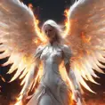 An angel in white with wings made of fire on a battlefield, 8k, Highly Detailed, Stunning, Volumetric Lighting, Fantasy, Dark by Stanley Artgerm Lau