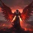 An angel with wings made of fire on a bloody battlefield with a bloodred sunset, 8k, Highly Detailed, Stunning, Volumetric Lighting, Fantasy, Dark by WLOP