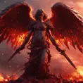 An angel with wings made of fire on a bloody battlefield with a bloodred sunset, 8k, Highly Detailed, Stunning, Volumetric Lighting, Fantasy, Dark by Greg Rutkowski