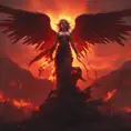 An angel with wings made of fire on a bloody battlefield with a bloodred sunset, 8k, Highly Detailed, Stunning, Volumetric Lighting, Fantasy, Dark by Stanley Artgerm Lau