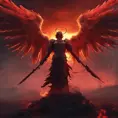 An armed angel with wings made of fire on a bloody battlefield with a bloodred sunset, 8k, Highly Detailed, Stunning, Volumetric Lighting, Fantasy, Dark by Stefan Kostic