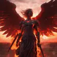An angel with wings made of fire on a bloody battlefield with a bloodred sunset, 8k, Highly Detailed, Stunning, Volumetric Lighting, Fantasy, Dark by Greg Rutkowski