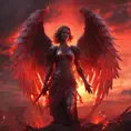 An angel with wings made of fire on a bloody battlefield with a bloodred sunset, 8k, Highly Detailed, Stunning, Volumetric Lighting, Fantasy, Dark by Stanley Artgerm Lau