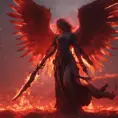 An angel with wings made of fire on a bloody battlefield with a bloodred sunset, 8k, Highly Detailed, Stunning, Volumetric Lighting, Fantasy, Dark by WLOP