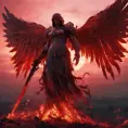 An armed angel with wings made of fire on a bloody battlefield with a bloodred sunset, 8k, Highly Detailed, Stunning, Volumetric Lighting, Fantasy, Dark by Stefan Kostic
