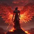 An angel with wings made of fire on a bloody battlefield with a bloodred sunset, 8k, Highly Detailed, Stunning, Volumetric Lighting, Fantasy, Dark by Greg Rutkowski