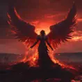 An angel with wings made of fire on a bloody battlefield with a bloodred sunset, 8k, Highly Detailed, Stunning, Volumetric Lighting, Fantasy, Dark by WLOP