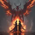 An angel and a demon surrounded by fire, 8k, Trending on Artstation, Symmetrical Face, Digital Illustration, Concept Art by WLOP