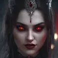A beautiful romanian vampire woman with penetrating red bright eyes, long fangs, perfect face, 8k, Hyper Detailed, Intricate Details, Masterpiece, Contemporary, Full Body, Trending on Artstation, Gothic, Deviantart, Concept Art by WLOP