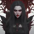 A beautiful romanian vampire woman with penetrating red bright eyes, long fangs, perfect face, 8k, Hyper Detailed, Intricate Details, Masterpiece, Contemporary, Full Body, Trending on Artstation, Gothic, Deviantart, Concept Art by WLOP