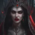 A beautiful romanian vampire woman with penetrating red bright eyes, long fangs, perfect face, 8k, Hyper Detailed, Intricate Details, Masterpiece, Contemporary, Full Body, Trending on Artstation, Gothic, Deviantart, Concept Art by WLOP