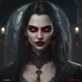 A beautiful romanian vampire woman with penetrating red bright eyes, long fangs, perfect face, 8k, Hyper Detailed, Intricate Details, Masterpiece, Contemporary, Full Body, Trending on Artstation, Gothic, Deviantart, Concept Art by Stefan Kostic