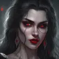 A beautiful romanian vampire woman with penetrating red bright eyes, long fangs, perfect face, 8k, Hyper Detailed, Intricate Details, Masterpiece, Contemporary, Full Body, Trending on Artstation, Gothic, Deviantart, Concept Art by Stanley Artgerm Lau