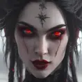 A beautiful romanian vampire woman with penetrating red bright eyes, long fangs, perfect face, 8k, Hyper Detailed, Intricate Details, Masterpiece, Contemporary, Full Body, Trending on Artstation, Gothic, Deviantart, Concept Art by WLOP