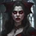 A beautiful romanian vampire woman with penetrating red bright eyes, long fangs, perfect face, 8k, Hyper Detailed, Intricate Details, Masterpiece, Contemporary, Full Body, Trending on Artstation, Gothic, Deviantart, Concept Art by Stefan Kostic