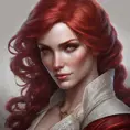 Matte portrait of the beautiful Triss Merigold in dark red, 8k, Highly Detailed, Intricate, Realistic, Sharp Focus, Volumetric Lighting, Fantasy, Elegant by Stanley Artgerm Lau, Alphonse Mucha, WLOP, Stefan Kostic