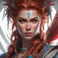 Alluring matte portrait of the beautiful Aloy in dark red, 8k, Highly Detailed, Intricate, Realistic, Sharp Focus, Volumetric Lighting, Fantasy, Elegant by Stanley Artgerm Lau, Alphonse Mucha, WLOP, Stefan Kostic