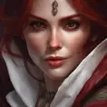 Matte portrait of the beautiful Triss Merigold in dark red, 8k, Highly Detailed, Intricate, Realistic, Sharp Focus, Volumetric Lighting, Fantasy, Elegant by Stanley Artgerm Lau, Alphonse Mucha, WLOP, Stefan Kostic