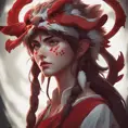 Matte portrait of the beautiful Princess Mononoke in dark red, 8k, Highly Detailed, Intricate, Realistic, Sharp Focus, Volumetric Lighting, Fantasy, Elegant by Stanley Artgerm Lau, Alphonse Mucha, WLOP, Stefan Kostic