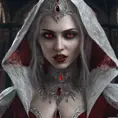 A beautiful romanian vampire woman with penetrating red bright eyes, long fangs, perfect face, 8k, Hyper Detailed, Intricate Details, Masterpiece, Contemporary, Full Body, Trending on Artstation, Gothic, Deviantart, Concept Art by Stefan Kostic