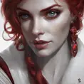 Matte portrait of the beautiful Triss Merigold in dark red, 8k, Highly Detailed, Intricate, Realistic, Sharp Focus, Volumetric Lighting, Fantasy, Elegant by Stanley Artgerm Lau, Alphonse Mucha, WLOP, Stefan Kostic