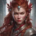 Alluring matte portrait of the beautiful Aloy in dark red, 8k, Highly Detailed, Intricate, Realistic, Sharp Focus, Volumetric Lighting, Fantasy, Elegant by Stanley Artgerm Lau, Alphonse Mucha, WLOP, Stefan Kostic
