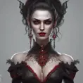 A beautiful romanian vampire woman with penetrating red bright eyes, long fangs, perfect face, 8k, Hyper Detailed, Intricate Details, Masterpiece, Contemporary, Full Body, Trending on Artstation, Gothic, Deviantart, Concept Art by Stefan Kostic