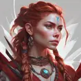 Alluring matte portrait of the beautiful Aloy in dark red, 8k, Highly Detailed, Intricate, Realistic, Sharp Focus, Volumetric Lighting, Fantasy, Elegant by Stanley Artgerm Lau, Alphonse Mucha, WLOP, Stefan Kostic
