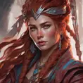 Alluring matte portrait of the beautiful Aloy in dark red, 8k, Highly Detailed, Intricate, Realistic, Sharp Focus, Volumetric Lighting, Fantasy, Elegant by Stanley Artgerm Lau, Alphonse Mucha, WLOP, Stefan Kostic