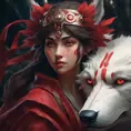 Matte portrait of the beautiful Princess Mononoke in dark red, 8k, Highly Detailed, Intricate, Realistic, Sharp Focus, Volumetric Lighting, Fantasy, Elegant by Stanley Artgerm Lau, Alphonse Mucha, WLOP, Stefan Kostic