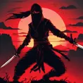 Silhouette of a ninja assassin with her drawn daggers in front of a red sunset, Ambient Lighting, Fantasy, Dark