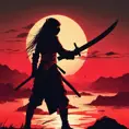 Silhouette of a ninja assassin with her drawn daggers in front of a red sunset, Ambient Lighting, Fantasy, Dark