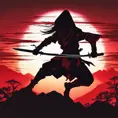 Silhouette of a ninja assassin with her drawn daggers in front of a red sunset, Ambient Lighting, Fantasy, Dark