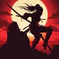 Silhouette of a ninja assassin with her drawn daggers in front of a red sunset, Ambient Lighting, Fantasy, Dark