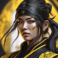 Matte portrait of a beautiful Kunoichi Ninja in black and yellow, 8k, Highly Detailed, Intricate, Realistic, Sharp Focus, Volumetric Lighting, Fantasy, Elegant by Stanley Artgerm Lau, Alphonse Mucha, WLOP, Stefan Kostic