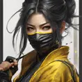 Matte portrait of a beautiful Kunoichi Ninja in black and yellow, 8k, Highly Detailed, Intricate, Realistic, Sharp Focus, Volumetric Lighting, Fantasy, Elegant by Stanley Artgerm Lau, Alphonse Mucha, WLOP, Stefan Kostic