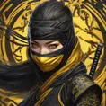 Matte portrait of a beautiful Kunoichi Ninja in black and yellow, 8k, Highly Detailed, Intricate, Realistic, Sharp Focus, Volumetric Lighting, Fantasy, Elegant by Stanley Artgerm Lau, Alphonse Mucha, WLOP, Stefan Kostic