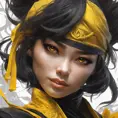 Matte portrait of a beautiful Kunoichi Ninja in black and yellow, 8k, Highly Detailed, Intricate, Realistic, Sharp Focus, Volumetric Lighting, Fantasy, Elegant by Stanley Artgerm Lau, Alphonse Mucha, WLOP, Stefan Kostic