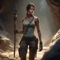 Matte portrait of a beautiful Lara Croft in a cave with arrows, 8k, Highly Detailed, Intricate, Realistic, Sharp Focus, Volumetric Lighting, Fantasy, Elegant by Stanley Artgerm Lau, WLOP, Stefan Kostic