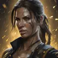 Matte portrait of the beautiful Lara Croft in black and gold, 8k, Highly Detailed, Intricate, Realistic, Sharp Focus, Volumetric Lighting, Fantasy, Elegant by Stanley Artgerm Lau, WLOP, Stefan Kostic