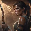 Matte portrait of a beautiful Lara Croft in a cave with arrows, 8k, Highly Detailed, Intricate, Realistic, Sharp Focus, Volumetric Lighting, Fantasy, Elegant by Stanley Artgerm Lau, WLOP, Stefan Kostic