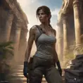 Matte portrait of a beautiful Lara Croft exploring an ancient ruin, 8k, Highly Detailed, Intricate, Realistic, Sharp Focus, Volumetric Lighting, Fantasy, Elegant by Stanley Artgerm Lau, WLOP, Stefan Kostic