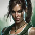 Matte portrait of the beautiful Lara Croft in dark green, 8k, Highly Detailed, Intricate, Realistic, Sharp Focus, Volumetric Lighting, Fantasy, Elegant by Stanley Artgerm Lau, WLOP, Stefan Kostic