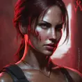 Matte portrait of the beautiful Lara Croft in dark red, 8k, Highly Detailed, Intricate, Realistic, Sharp Focus, Volumetric Lighting, Fantasy, Elegant by Stanley Artgerm Lau, WLOP, Stefan Kostic