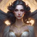 Alluring matte portrait of a beautiful Morgana with wings, 8k, Highly Detailed, Intricate, Half Body, Realistic, Sharp Focus, Volumetric Lighting, Fantasy, Elegant by Stanley Artgerm Lau, Alphonse Mucha, WLOP