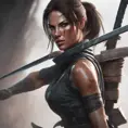 Matte portrait of the beautiful Lara Croft in the style of a Kunoichi Ninja, 8k, Highly Detailed, Intricate, Realistic, Sharp Focus, Volumetric Lighting, Fantasy, Elegant by Stanley Artgerm Lau, WLOP, Stefan Kostic